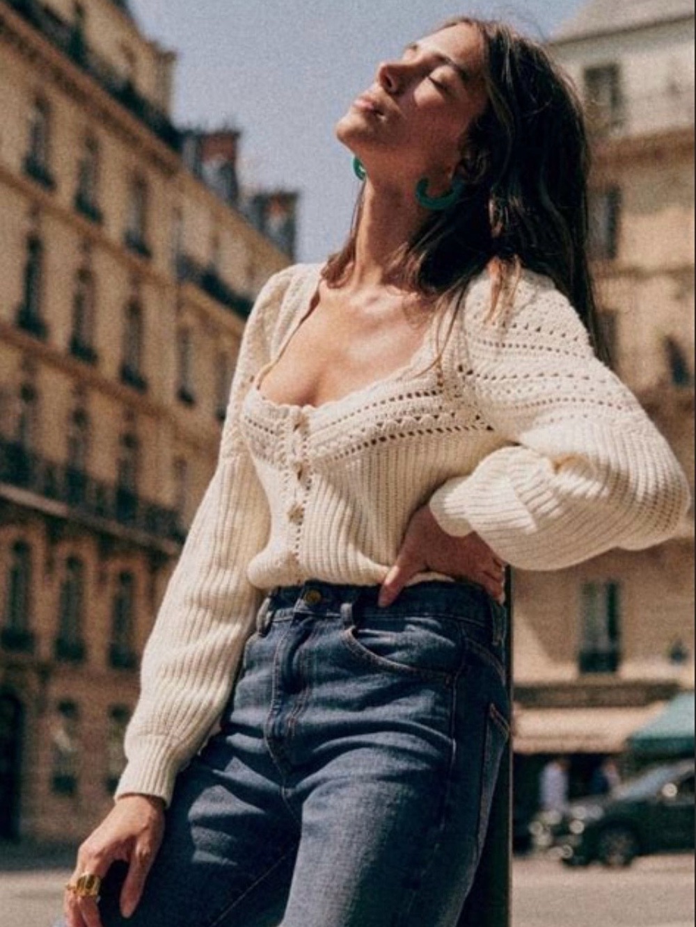 Sezane Moira Cream Button-Front V-Neck Knit Sweater
